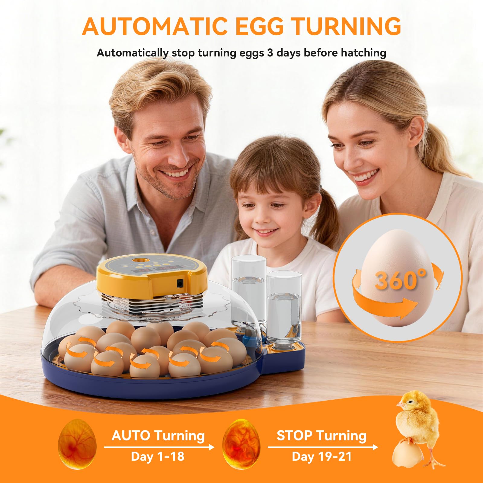 LXZNCD built-in egg candler for quick fertility checks.