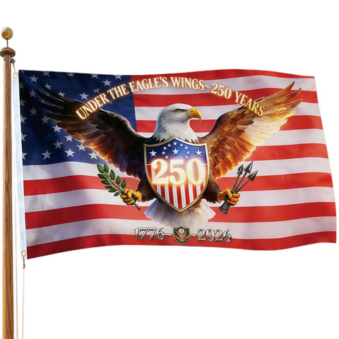 LY&SASIF 250th anniversary flag with eagle for outdoor display.