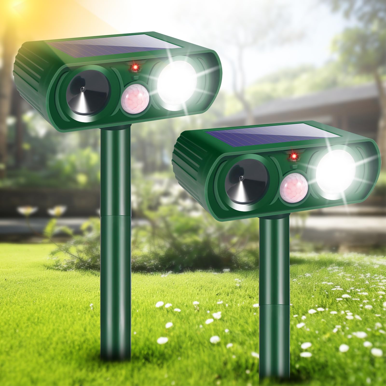 Lycxbfjia 2 pack solar ultrasonic animal repellers front view for outdoor deterrence