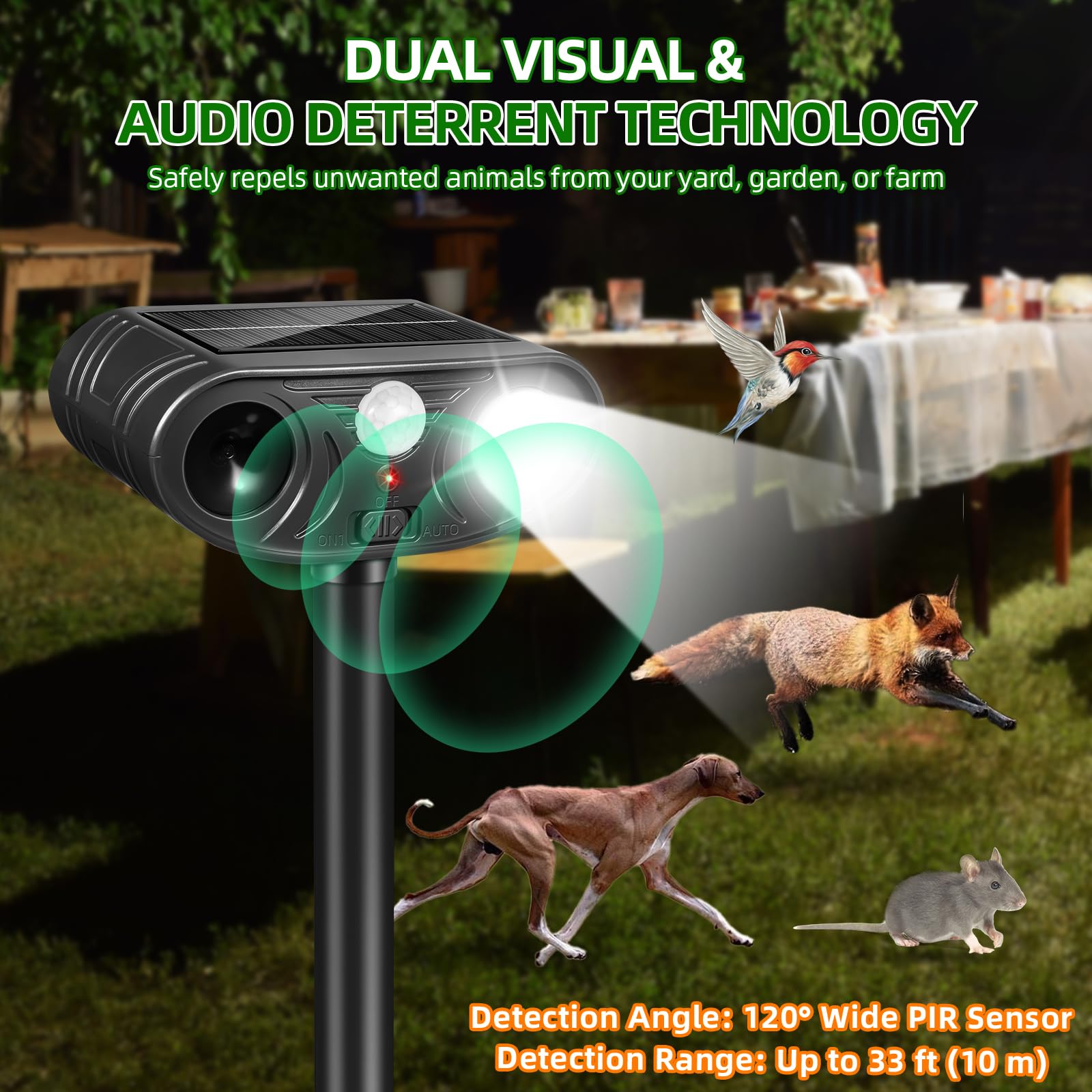 Lycxbfjia LED strobe light adds a visible cue to repel animals effectively.