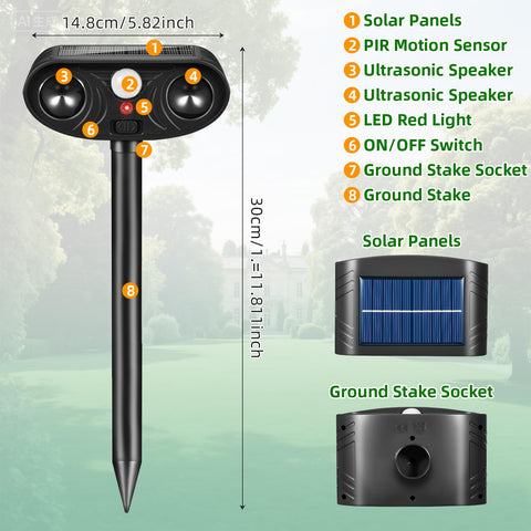 Lycxbfjia solar ultrasonic deterrent side view shows compact yard protection.