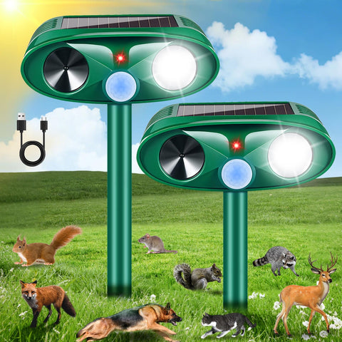Lycxbfjia solar ultrasonic animal repellent front view deterring raccoons and deer in the garden