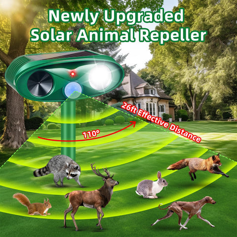 Lycxbfjia solar ultrasonic animal repellent installed in yard demonstrates continuous 24/7 protection