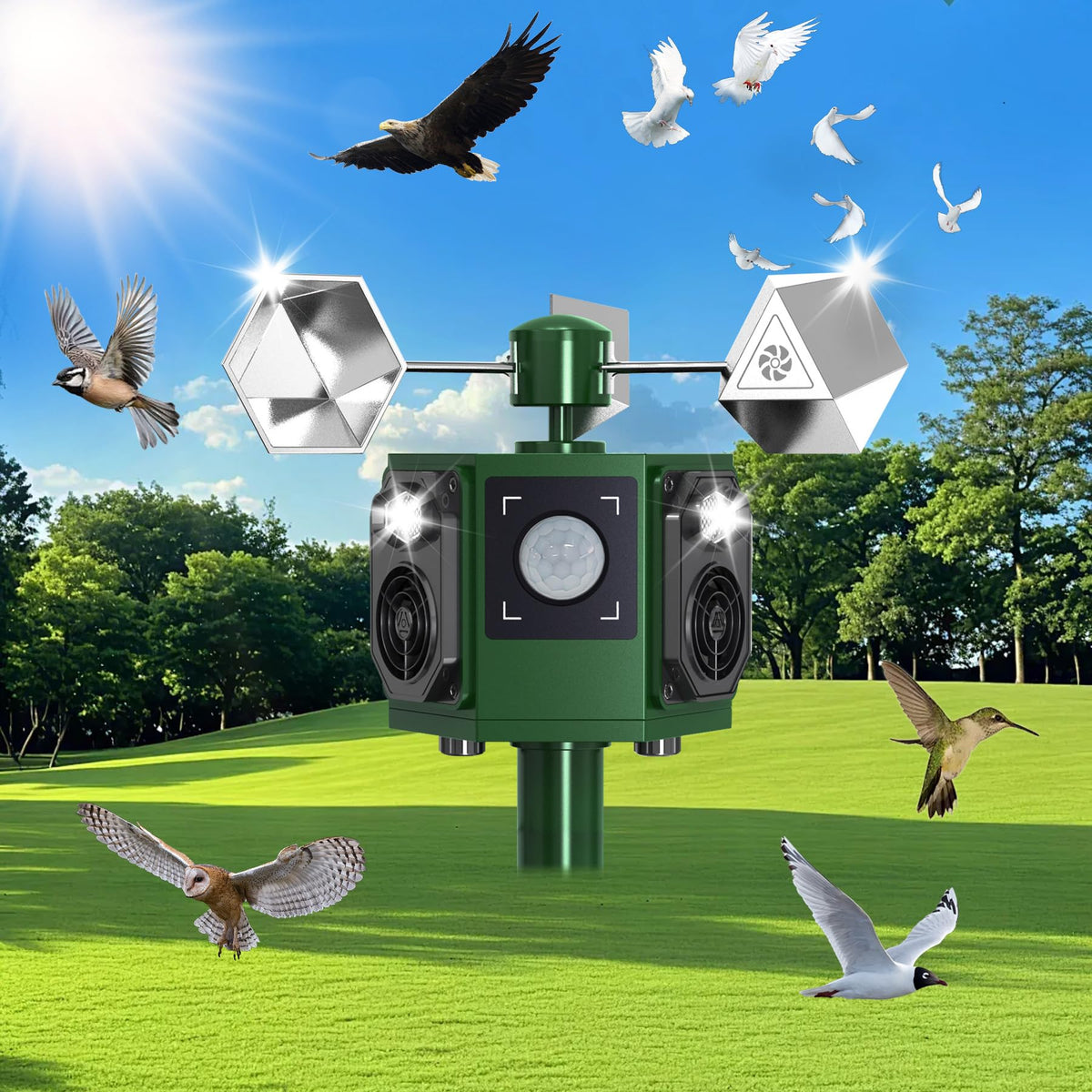 Lycxbfjia solar ultrasonic bird deterrent front view protects patios with humane deterrence