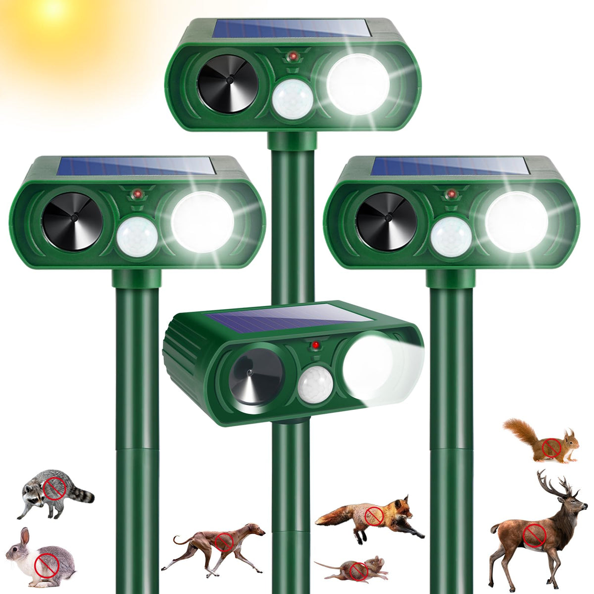 Lycxbfjia Sonic Fortress Pro outdoor unit with solar panel protects gardens from deer and raccoons.