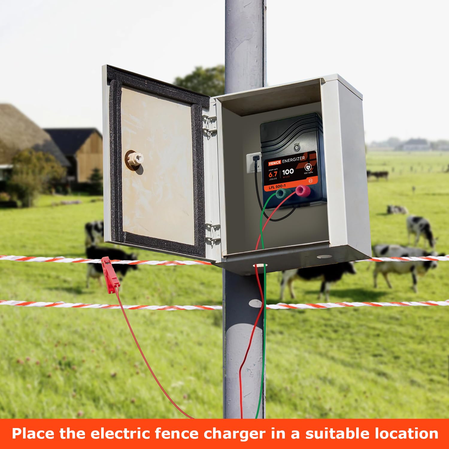 Lydite Fence Energizer mounted on a T-post for outdoor installation.