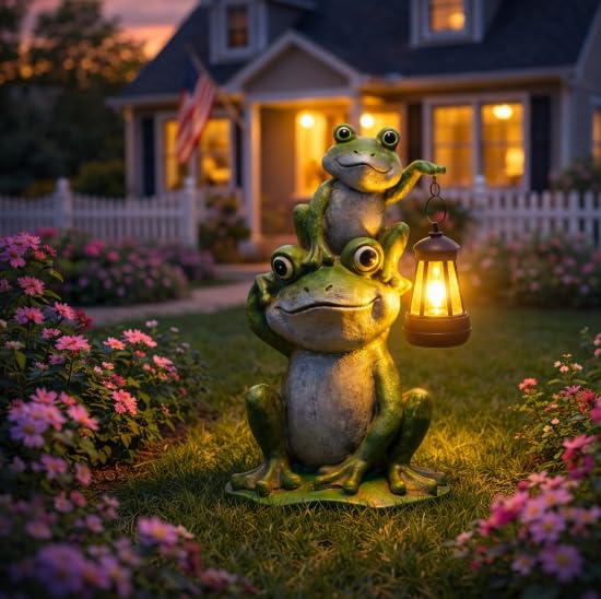 Lyeasw frog garden statue with two-tier design brightens outdoor spaces and paths.