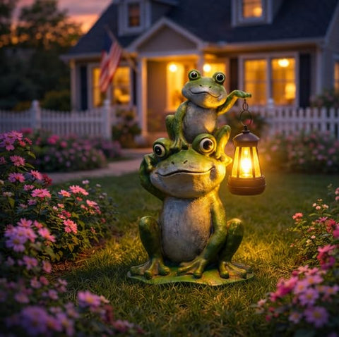 Lyeasw frog garden statue with two-tier design brightens outdoor spaces and paths.