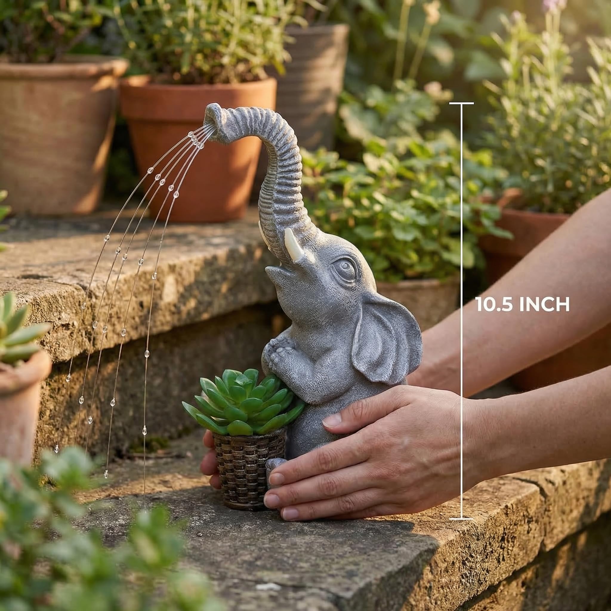 Lyeasw praying elephant pose adds peaceful charm to patios.