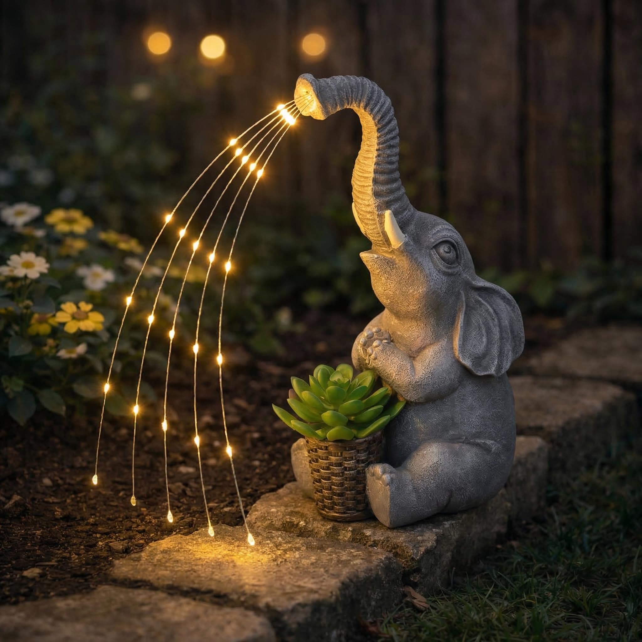 Lyeasw solar garden elephant statue glows at dusk, welcoming outdoor space.