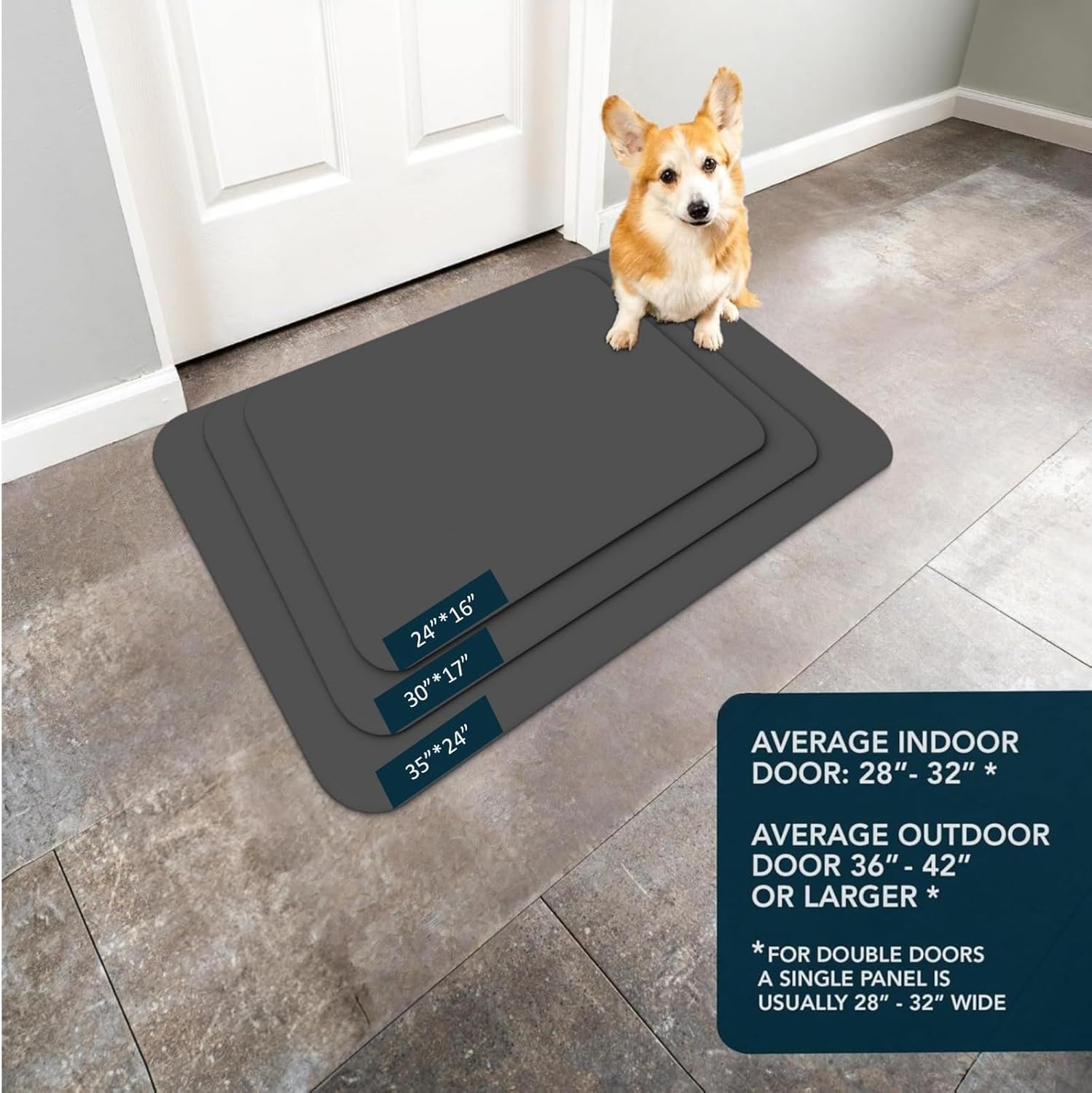 Lygligh Ultra Thin Door Mat 30x17 grey flat lay shows quick cleanup after rain.