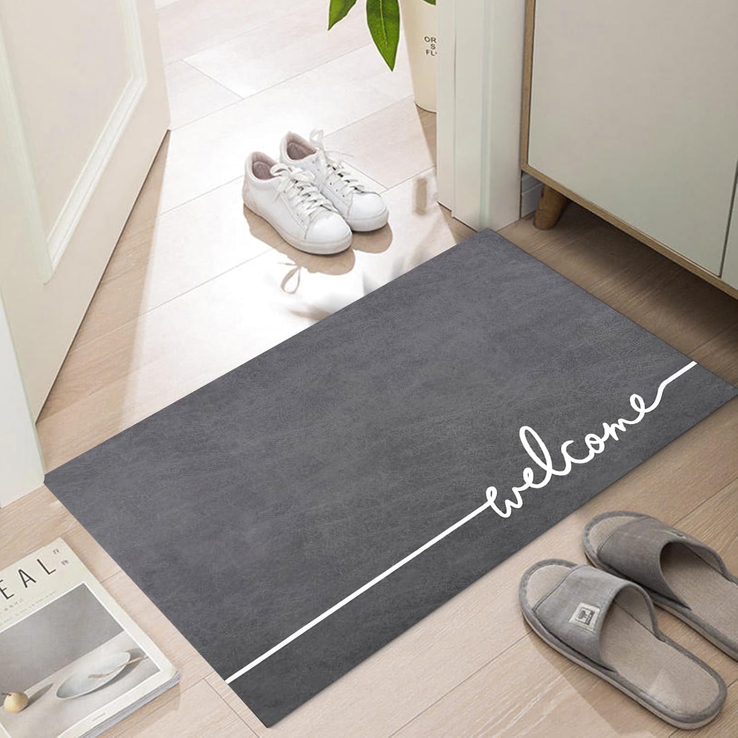 LYGLIGH welcome mat ultra-thin front view; fits under doors with ease and style.