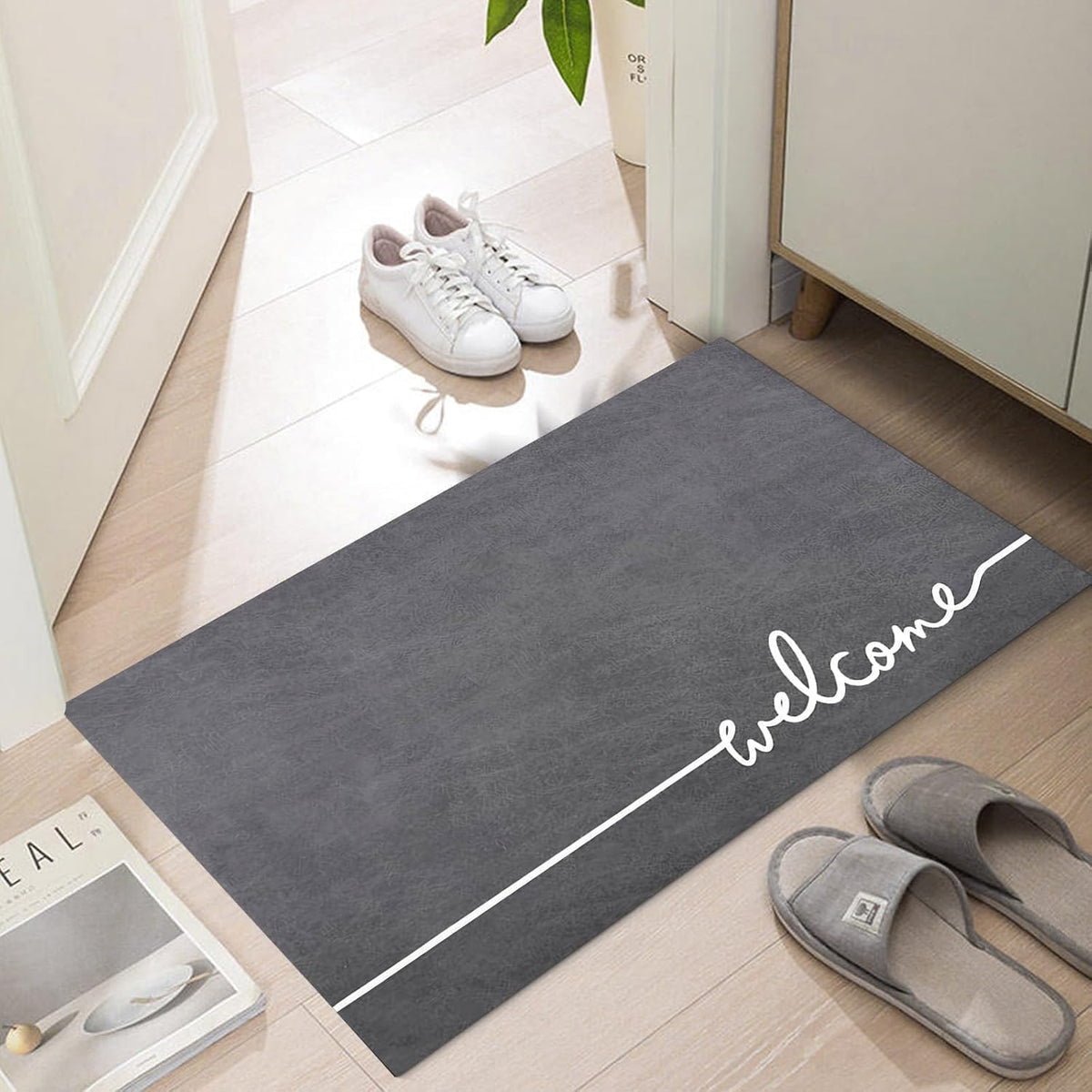LYGLIGH welcome mat ultra-thin front view; fits under doors with ease and style.