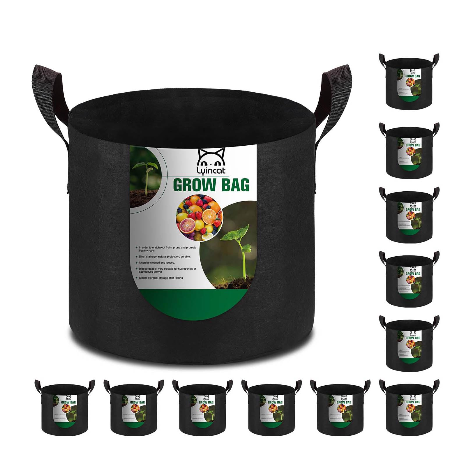 Lyincat grow bags with durable handles for easy relocation and plant support.