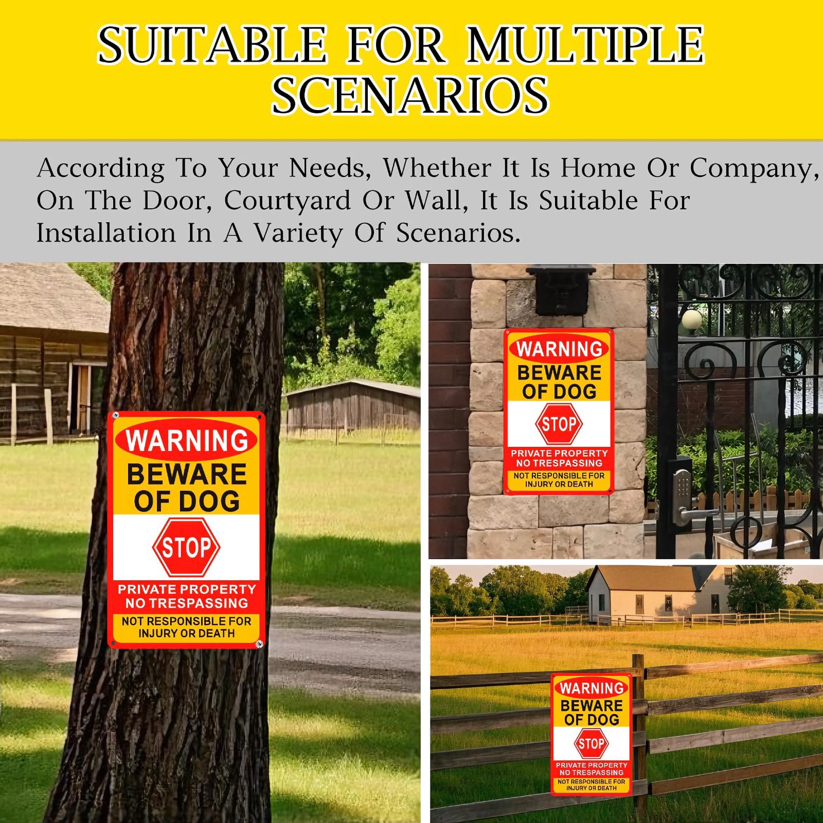 Lykjdnz Beware Of Dog Sign shows four-hole mounting for easy installation