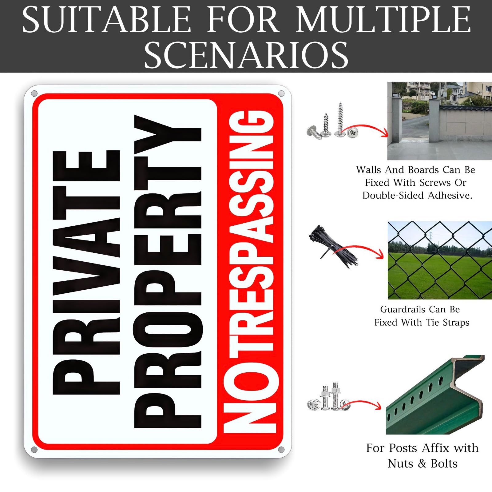 Lykjdnz easy-to-mount no trespassing sign 8x12 with four corner holes.