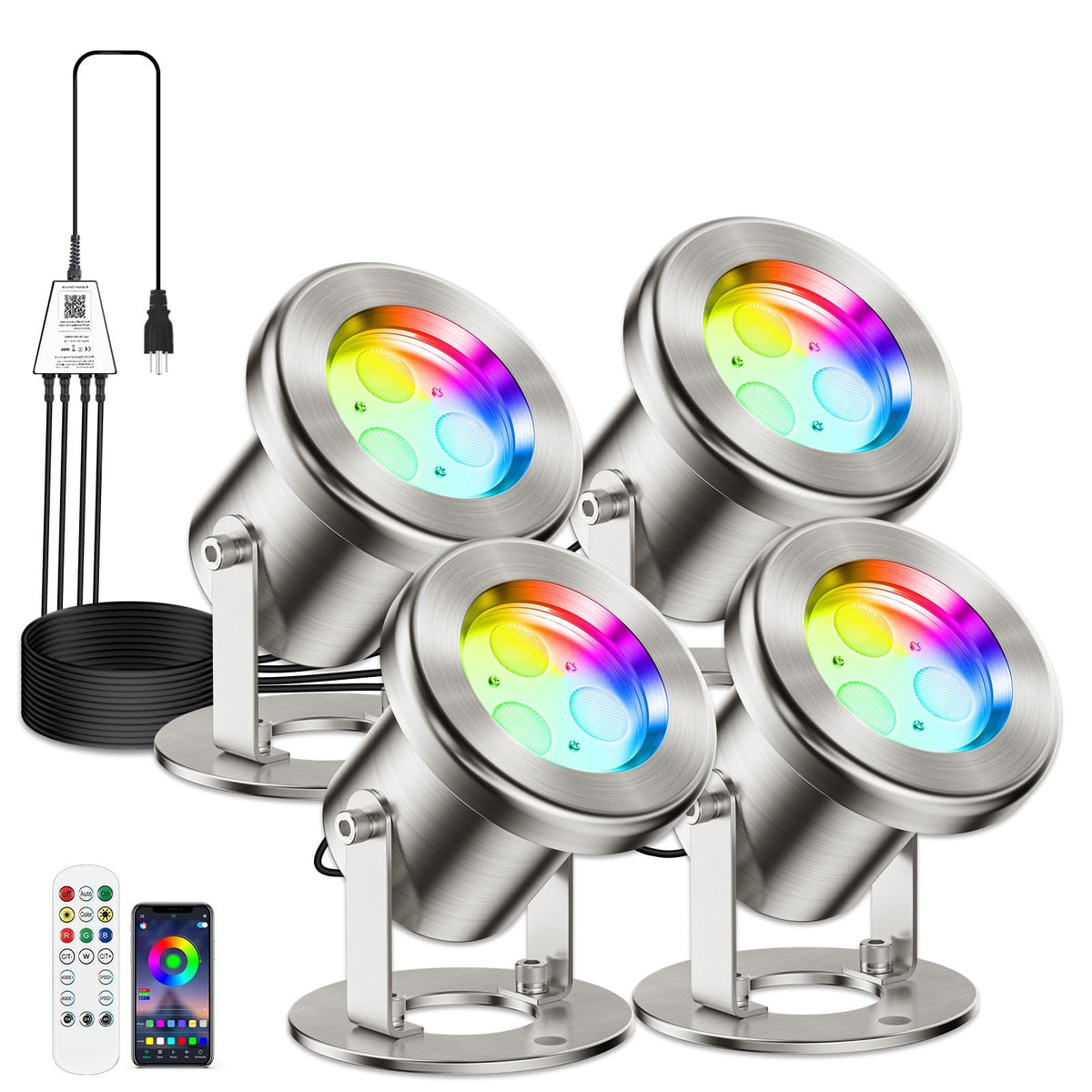 LyLmLe LED Pond Lights 4-spots show vibrant color for dramatic night pond ambiance.
