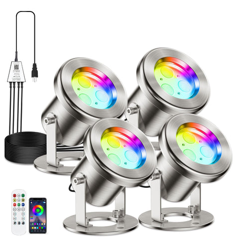 LyLmLe LED Pond Lights 4-spots show vibrant color for dramatic night pond ambiance.