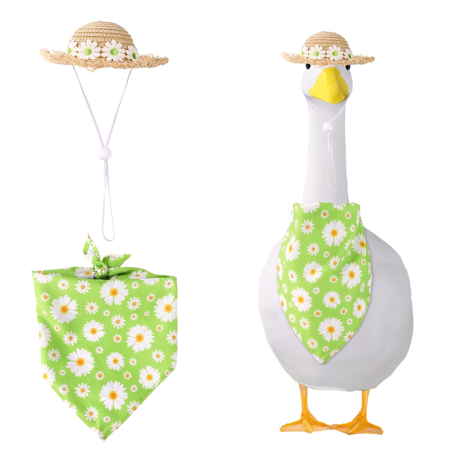 Lyreh summer porch goose hat on statue for garden charm.