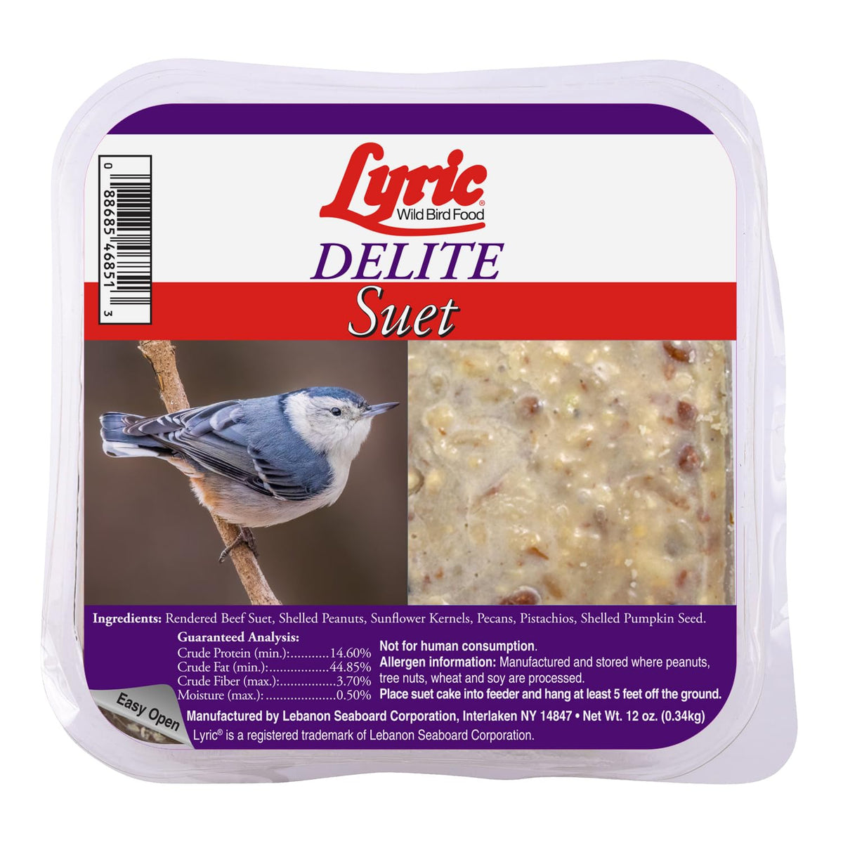 Lyric Delite suet cake close-up with high-protein ingredients for energetic backyard birds.