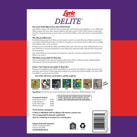 Lyric Delite wild seed mix nourishes chickadees with protein