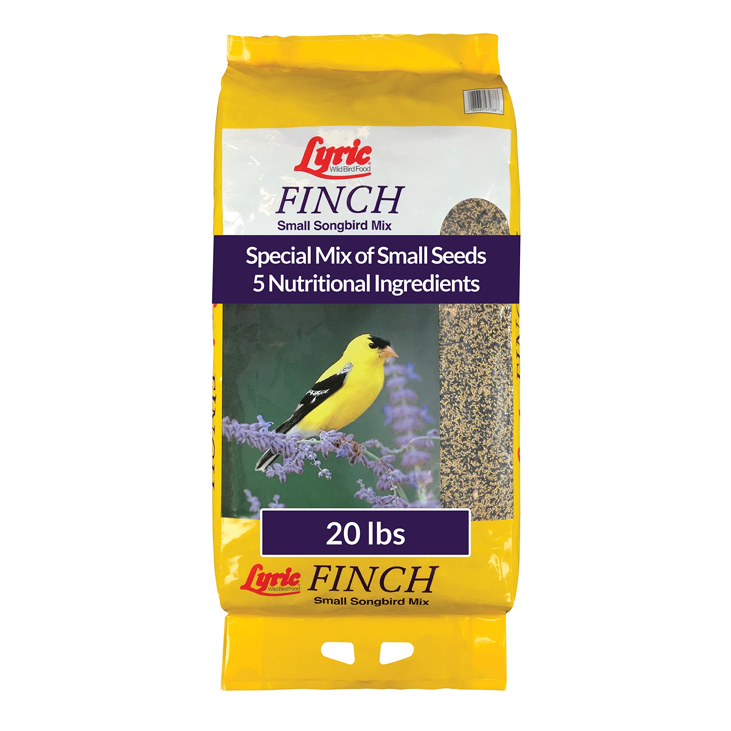 Lyric Finch 20lb bag at outdoor feeder attracting goldfinches