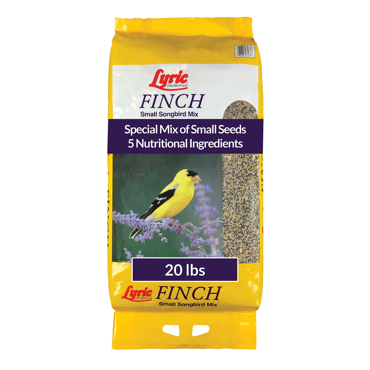 Lyric Finch 20lb bag at outdoor feeder attracting goldfinches