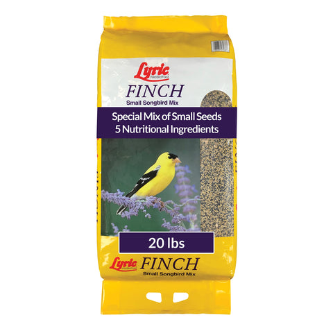 Lyric Finch 20lb bag at outdoor feeder attracting goldfinches