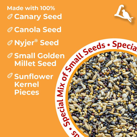 Lyric Finch yellow millet at feeder with canary seed visible