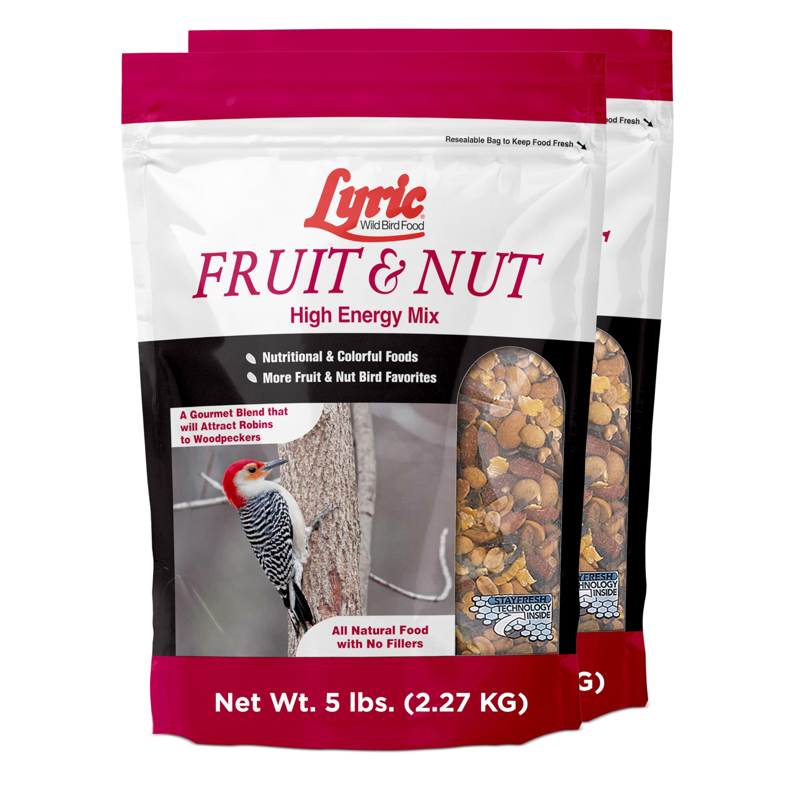 Lyric Fruit and Nut Wild Bird Seed bag front view, high-energy mix for backyard birds.