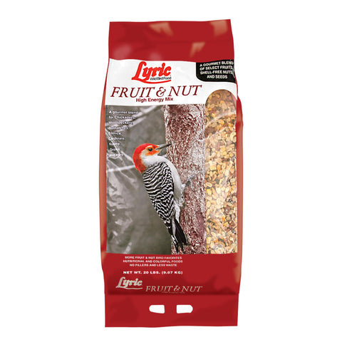 Lyric fruit and nut wild bird seed bag front view shows premium ingredients for year-round energy.