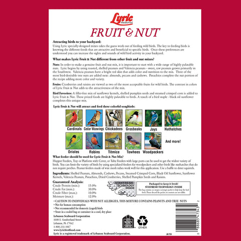 Lyric Fruit and Nut Wild Bird Seed ingredients close-up with nuts and dried fruit.
