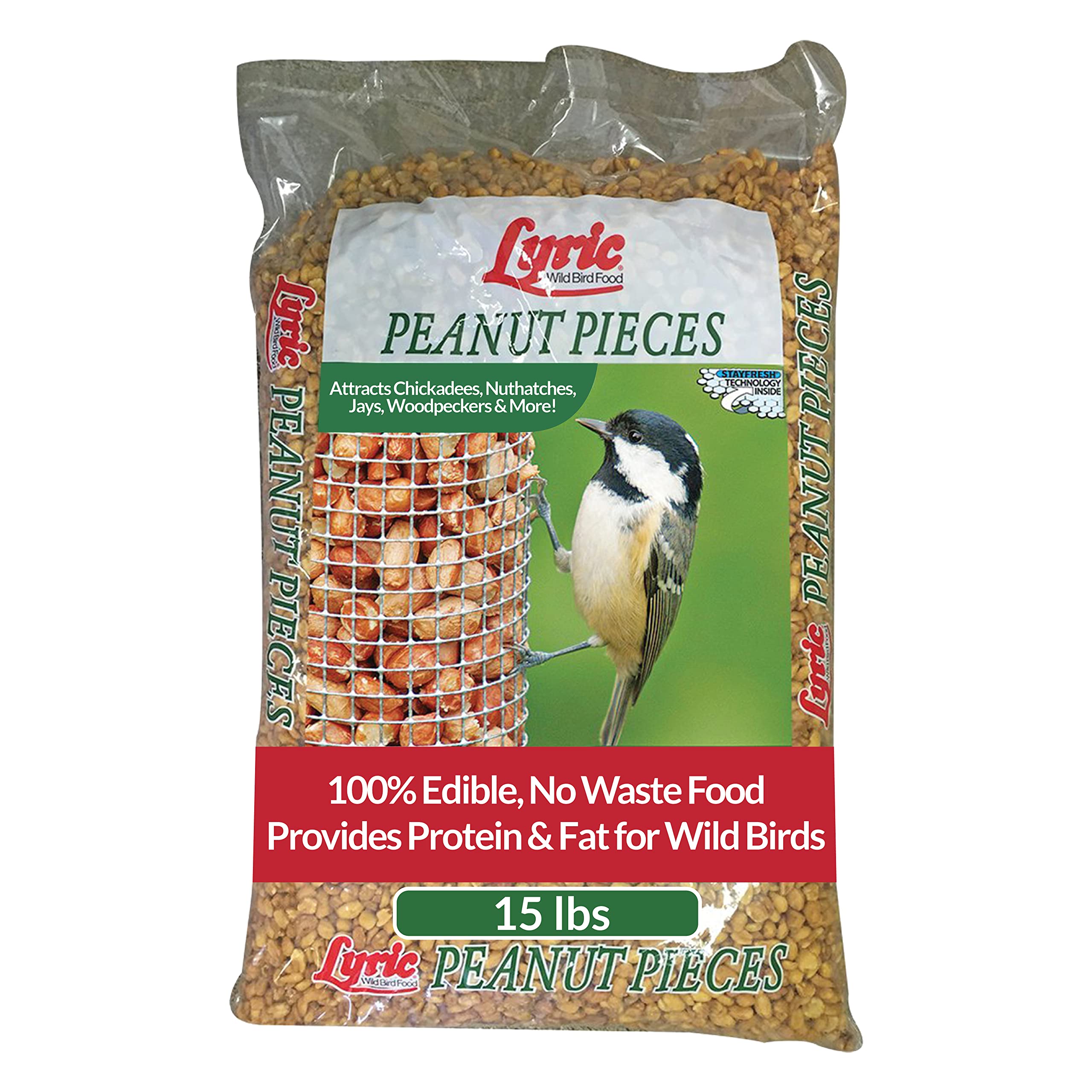 Lyric Peanut Pieces 15 lb bag packaging highlighting high protein wild bird food for outdoor feeders