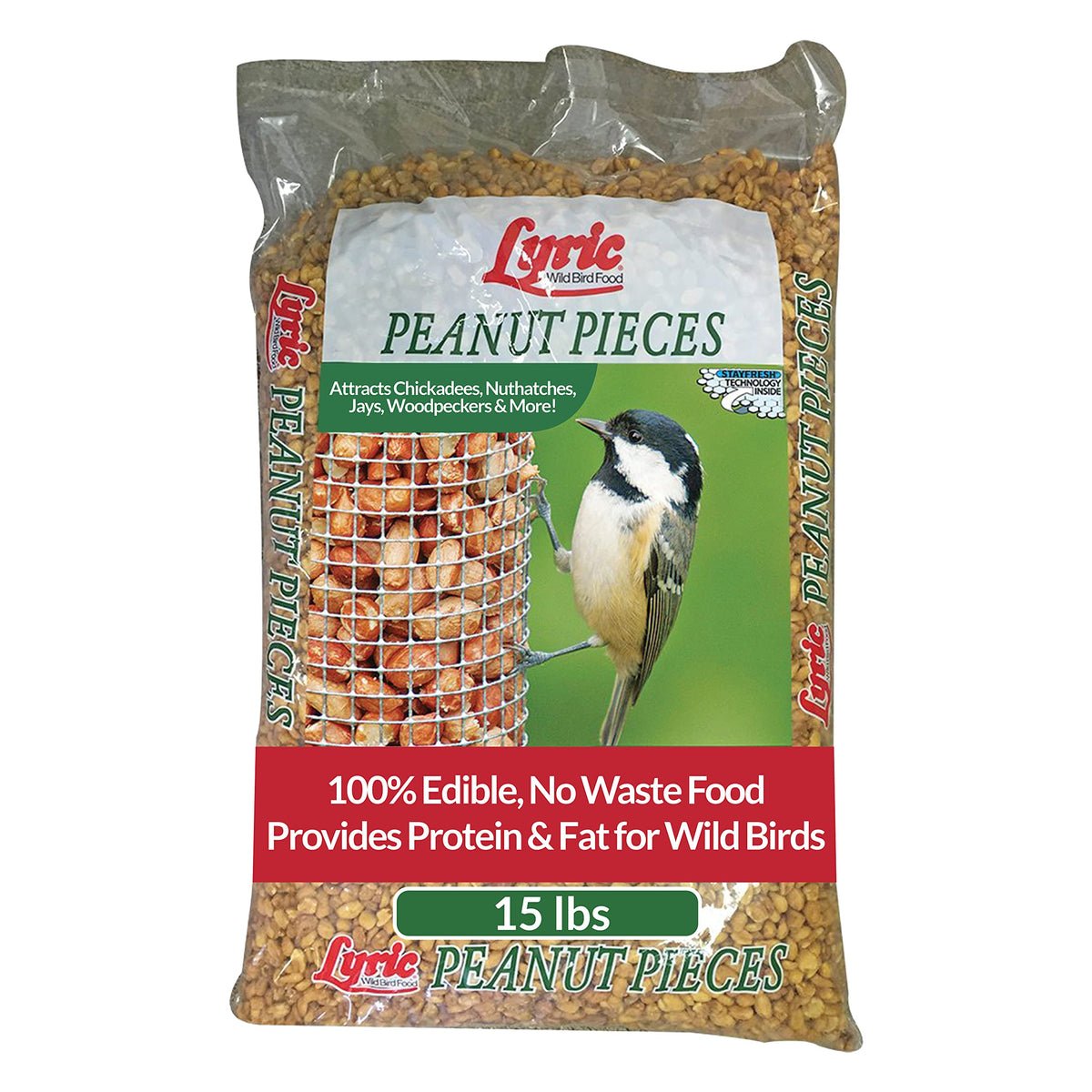 Lyric Peanut Pieces 15 lb bag packaging highlighting high protein wild bird food for outdoor feeders