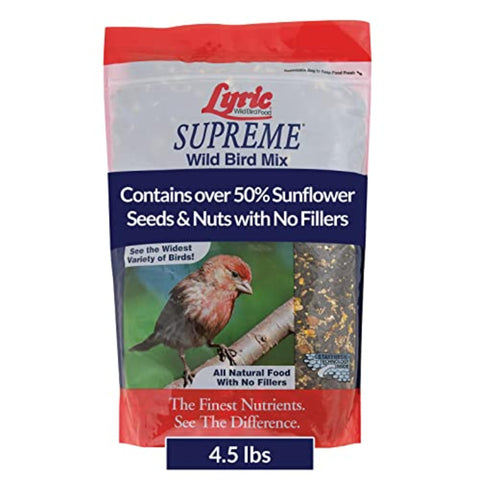 Lyric Supreme Wild Bird Seed bag front showing premium mix for backyard songbirds
