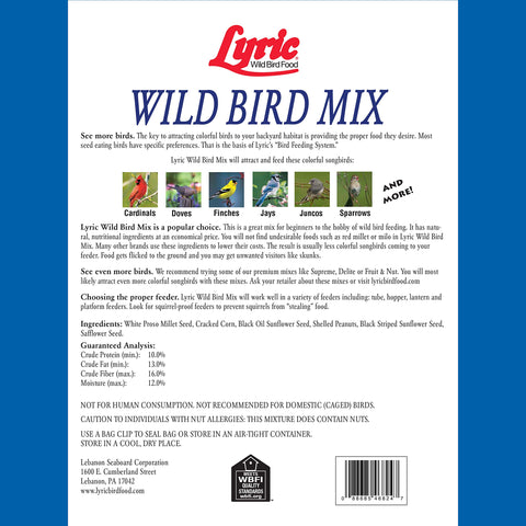 Lyric Wild Bird Mix ingredients close-up highlights cracked corn and millet for birds.
