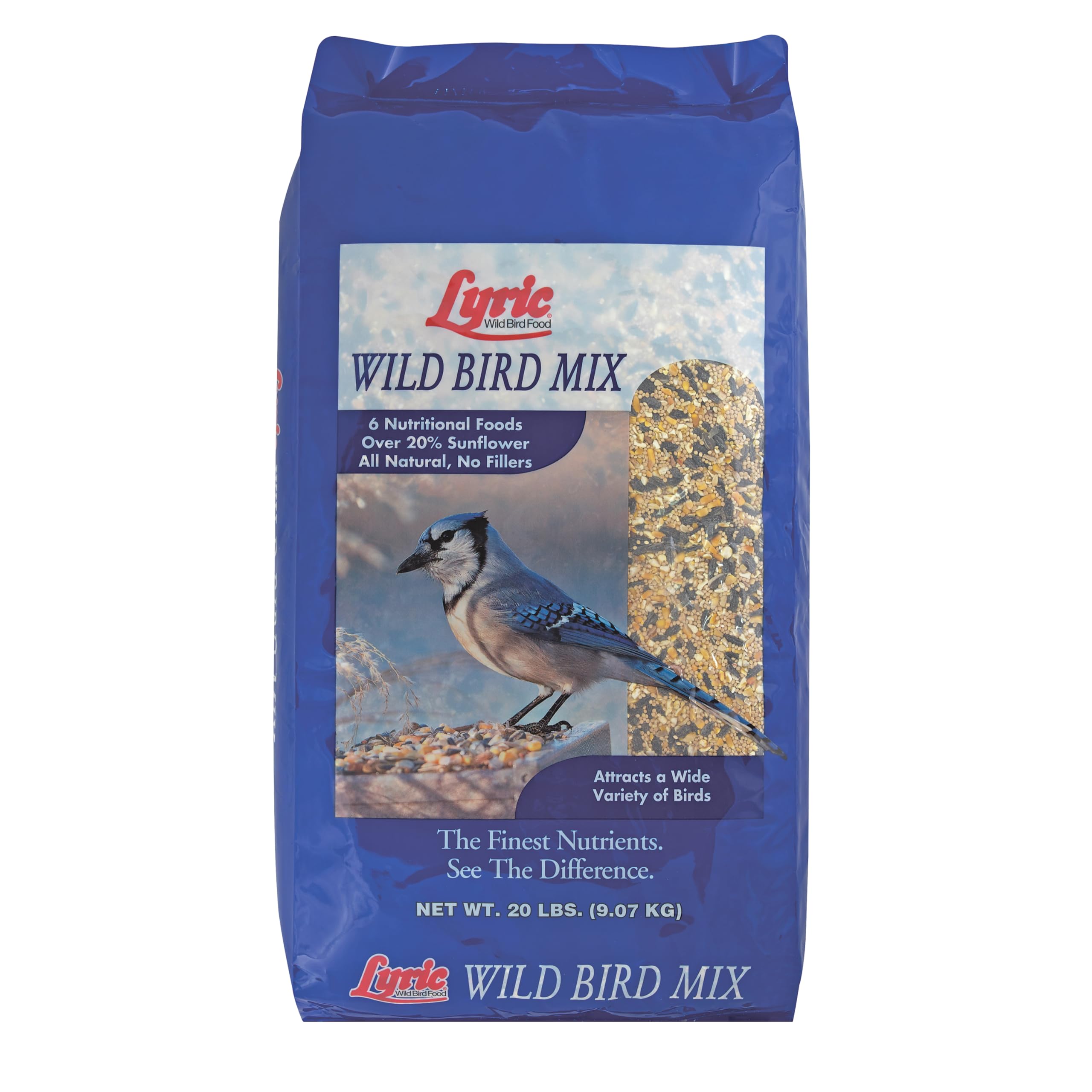 Lyric Wild Bird Mix packaging shot shows the 20 lb bag for backyard feeders.