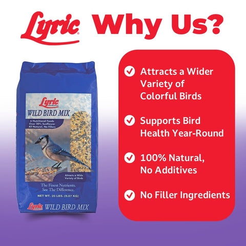 Lyric Wild Bird Mix includes safflower seeds to attract a variety of backyard birds.