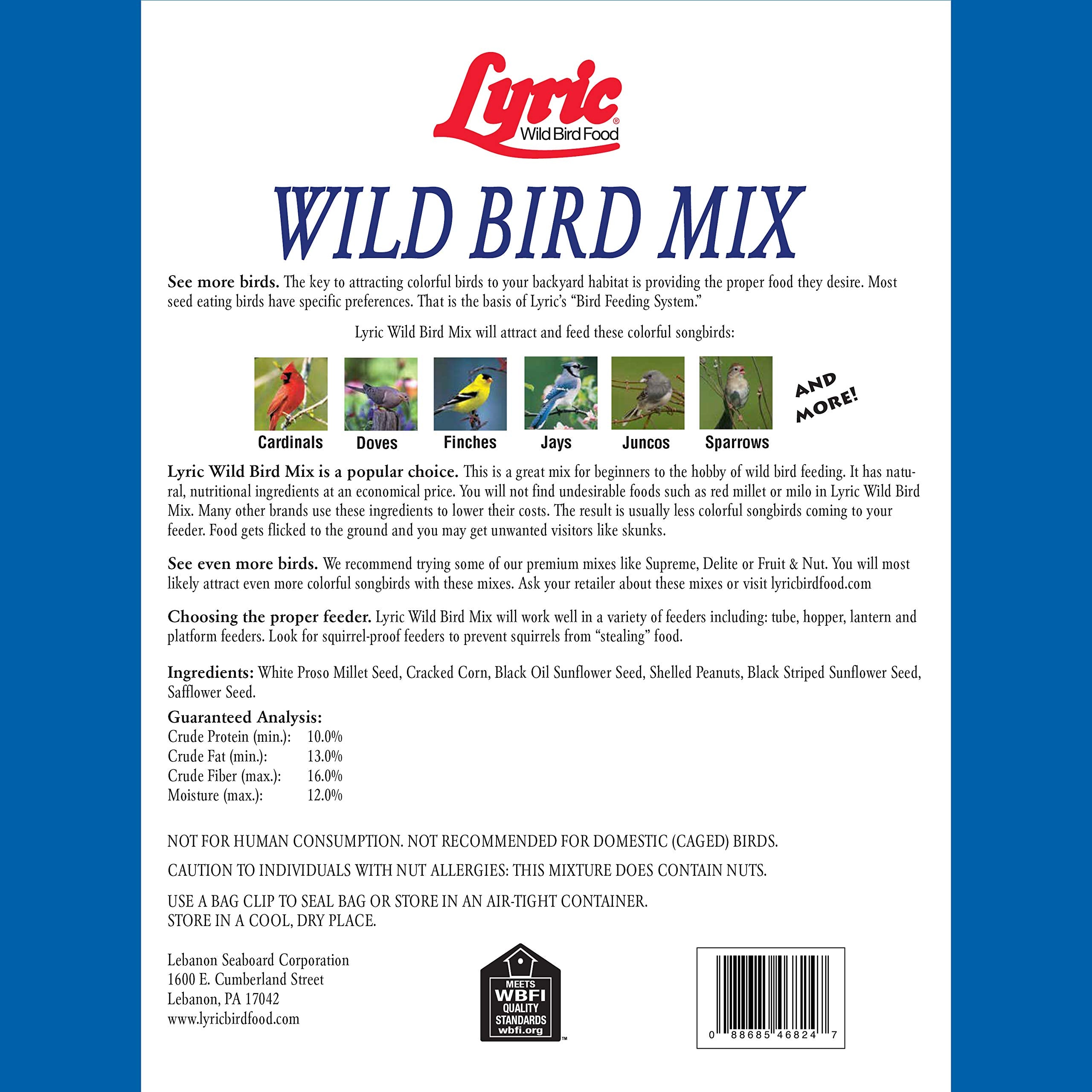 Lyric Wild Bird Mix with shelled peanuts supports energy-rich meals for visiting birds.