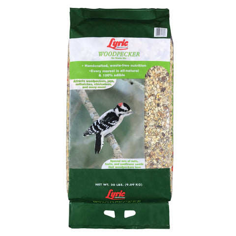 Lyric Woodpecker seed mix in an outdoor feeder attracts woodpeckers and songbirds