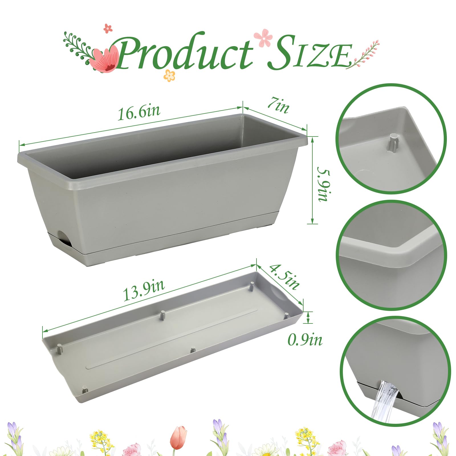 Lysjtsr durable plastic window box tray gray closeup highlighting drainage holes