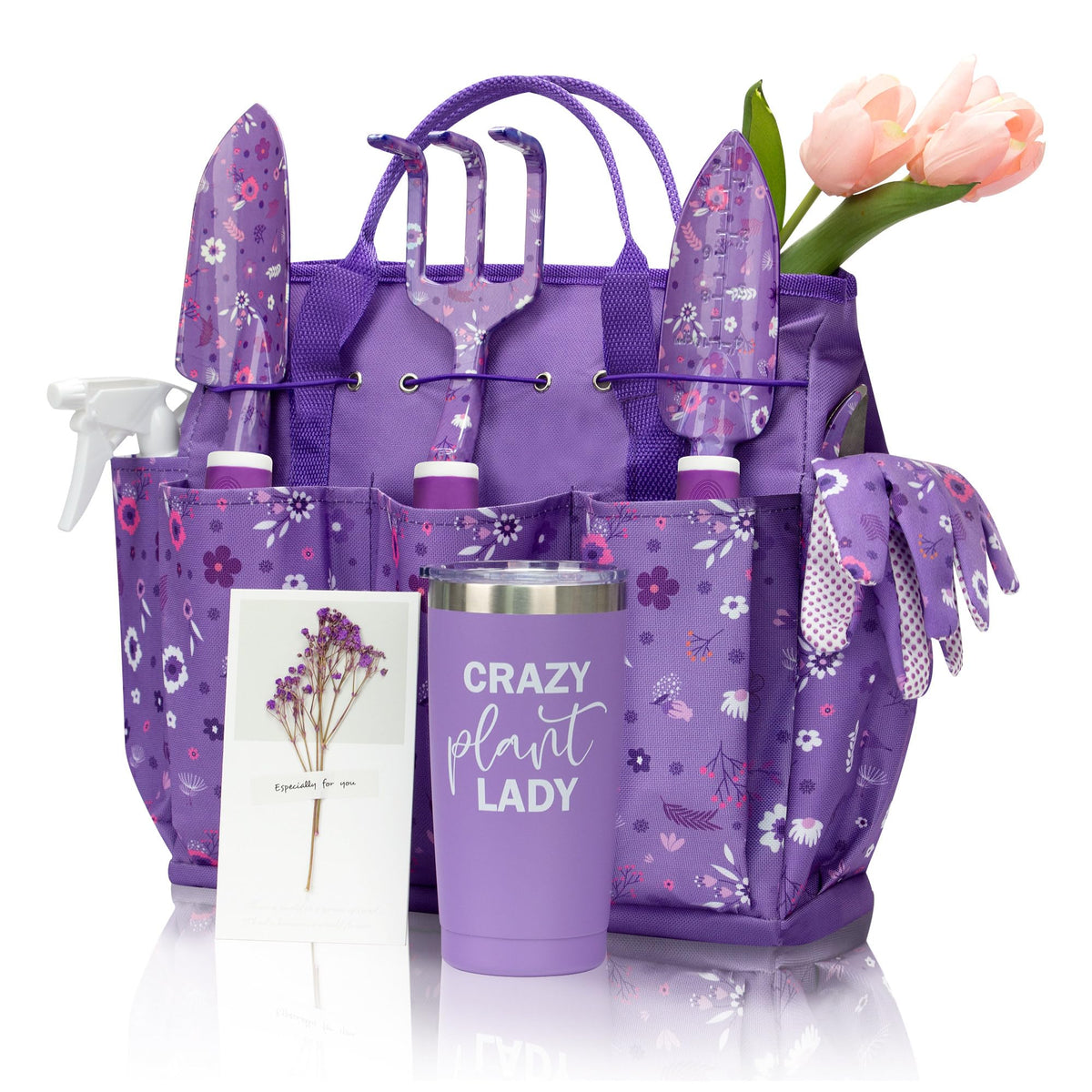 LZPTYYSN garden tool set with floral design in a carrying tote for organized gardening.