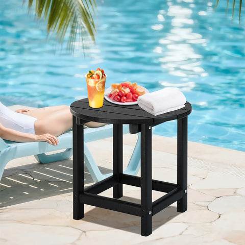 LZRS outdoor end table in patio setting, compact surface for drinks.