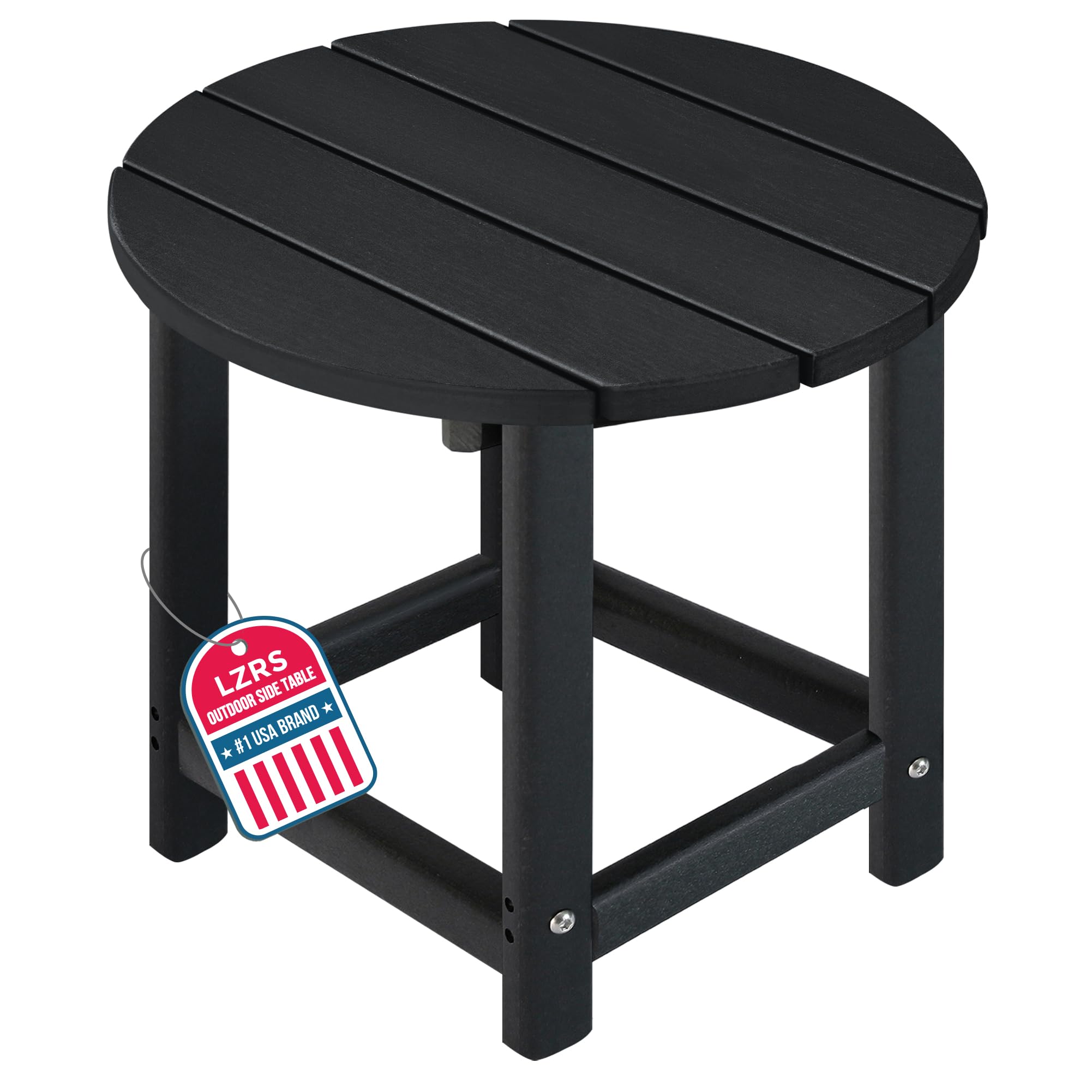 LZRS round Adirondack side table in black beside a chair, weather-resistant companion.