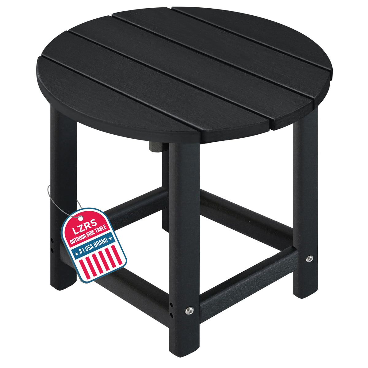 LZRS round Adirondack side table in black beside a chair, weather-resistant companion.