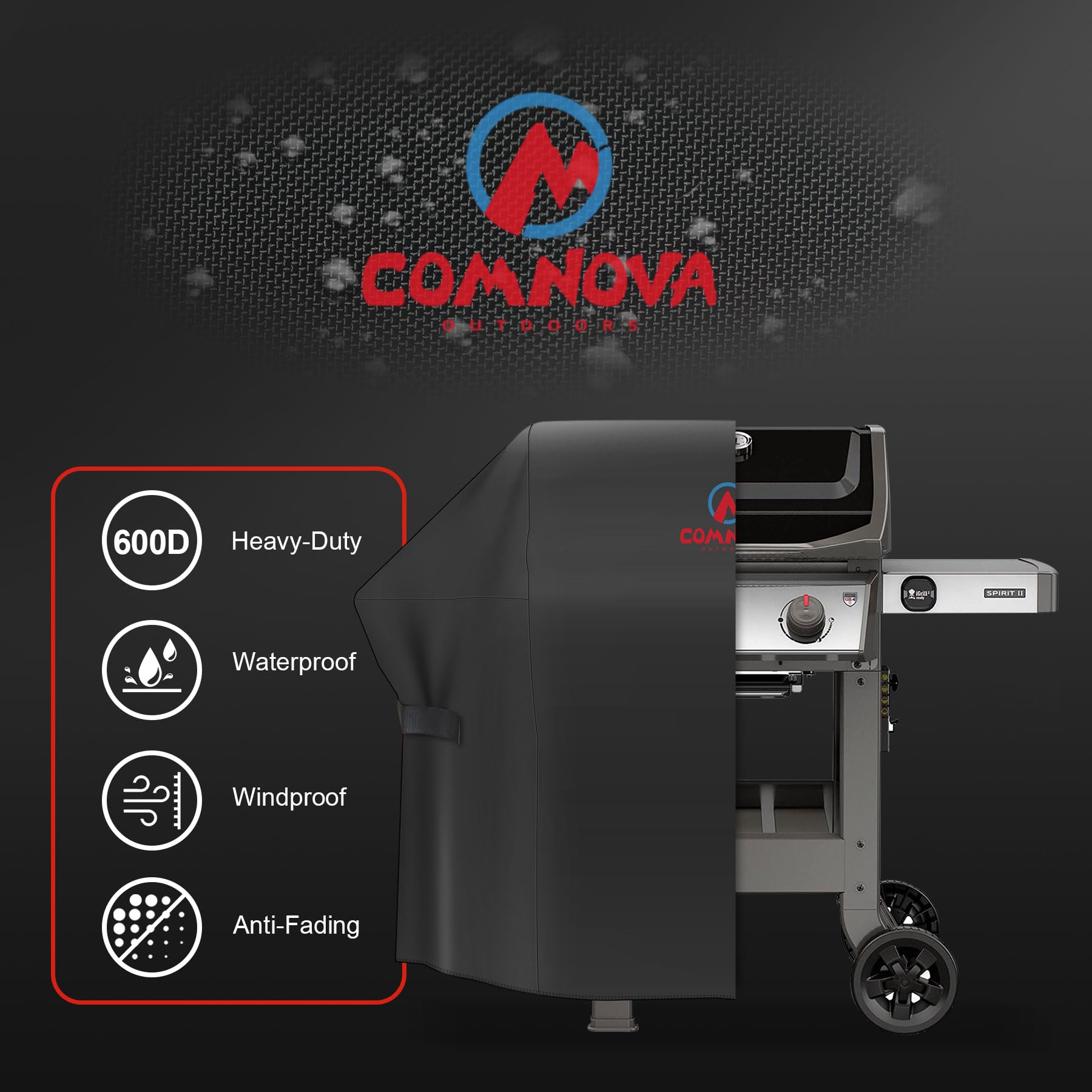 M COMNOVA OUTDOORS BBQ Cover side view shows adjustable straps for a snug fit
