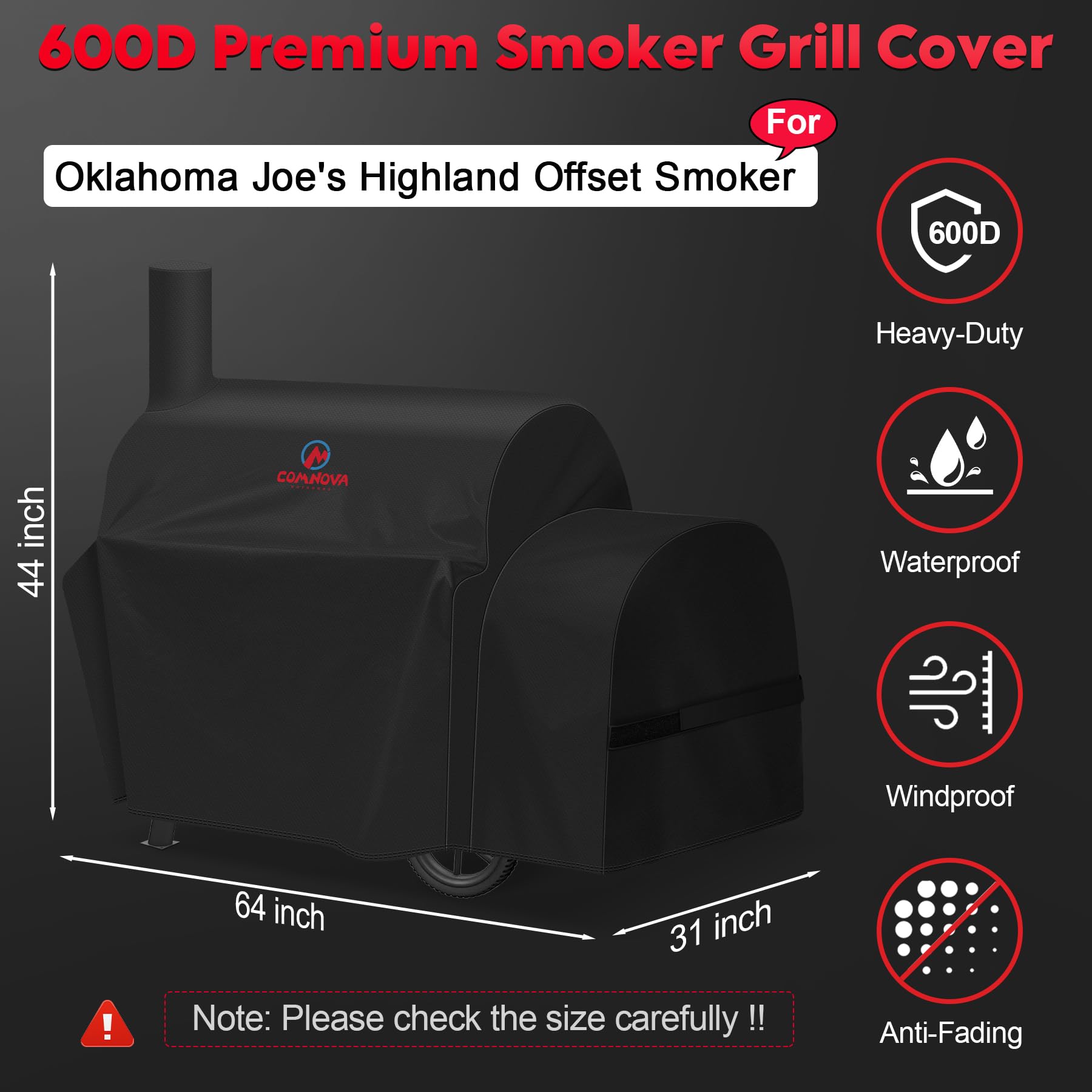 Side view of M COMNOVA OUTDOORS grill cover protecting Highland smoker from weather