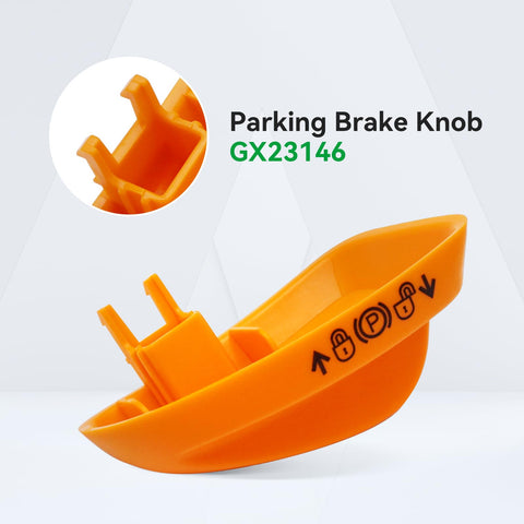M MATI parking brake knob in packaging with part label.