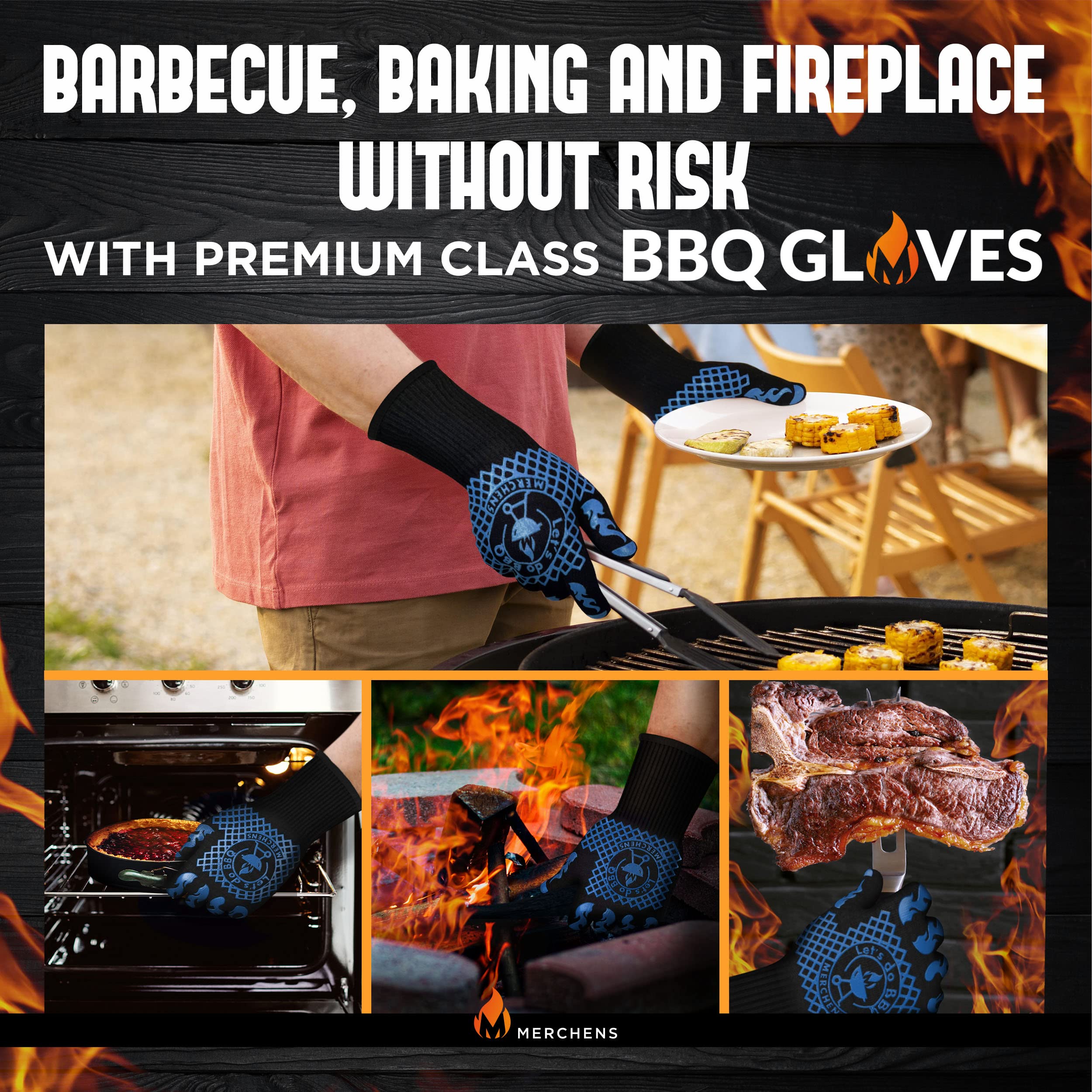M MERCHENS extra-long cuffs protect wrists during high-heat cooking.