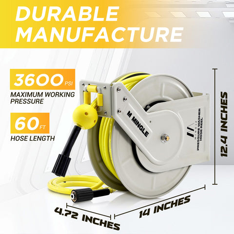 M MINGLE 3600 PSI reel handles heavy-duty pressure washing safely.